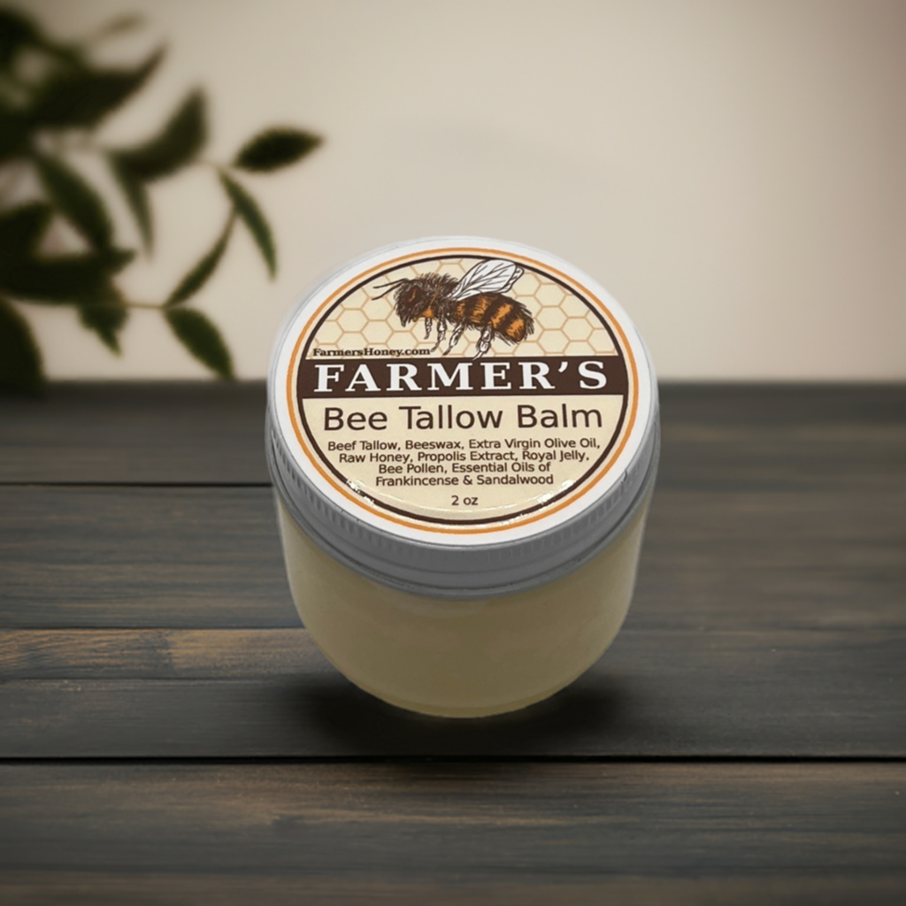 Farmer's Bee Tallow Balm on wooden bench