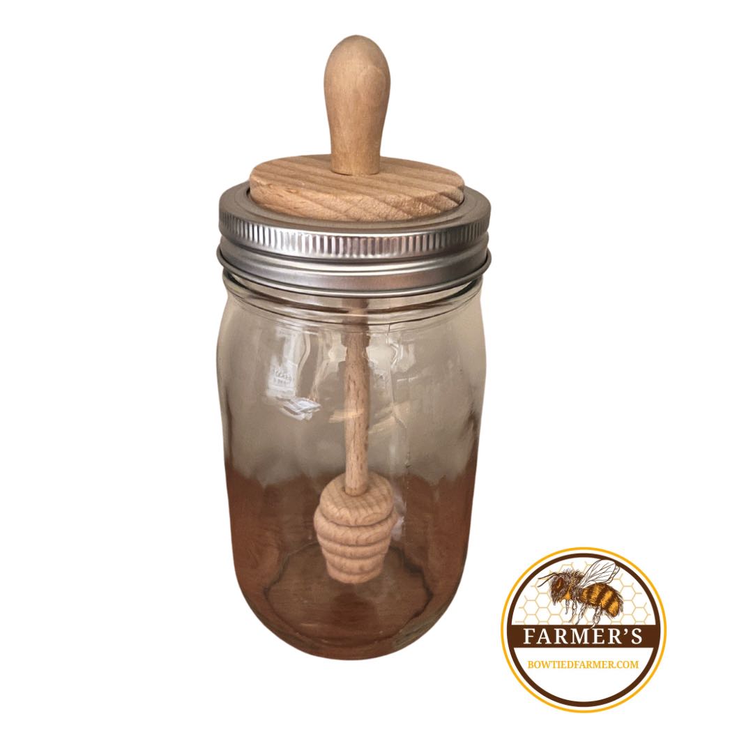 wooden honey dipper with white background and farmers logo