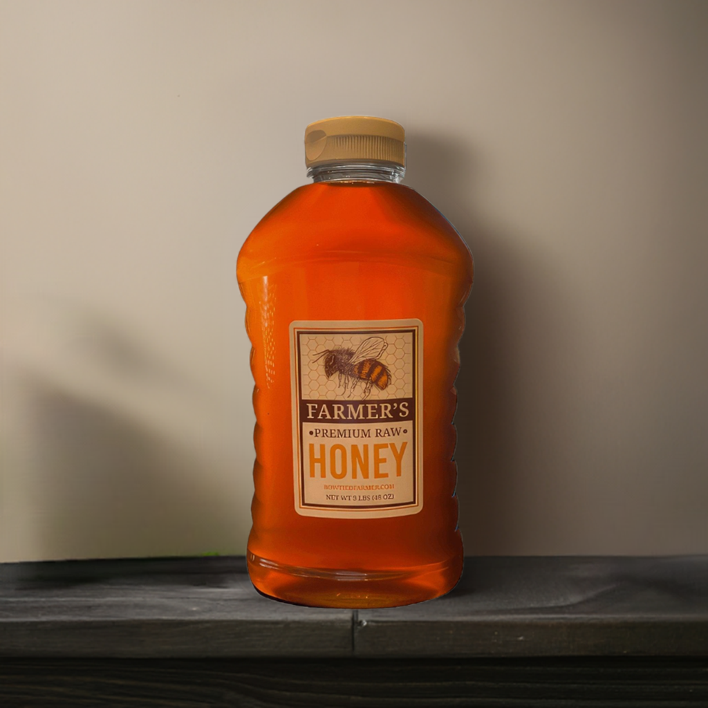 honey in 3lb squeeze jar on a table white background