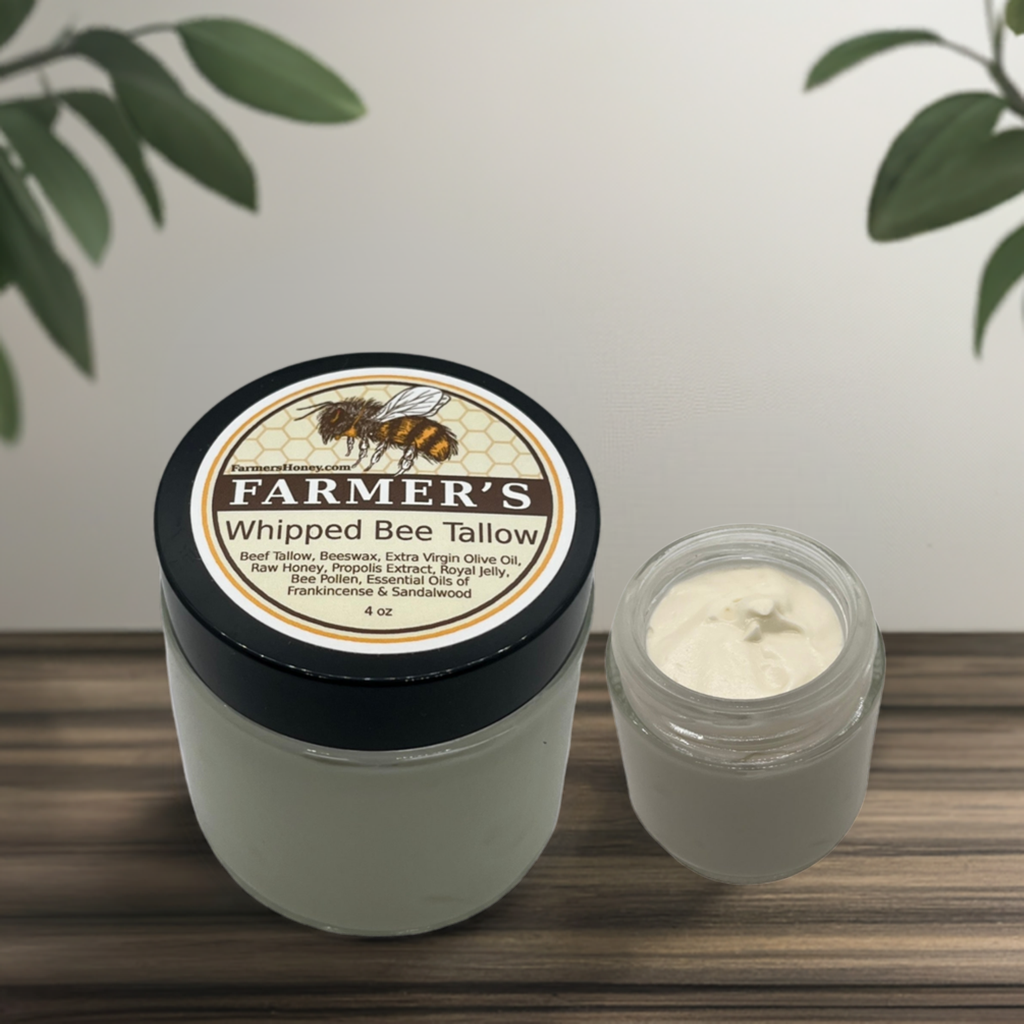 whipped bee tallow on a coutner one bottle open